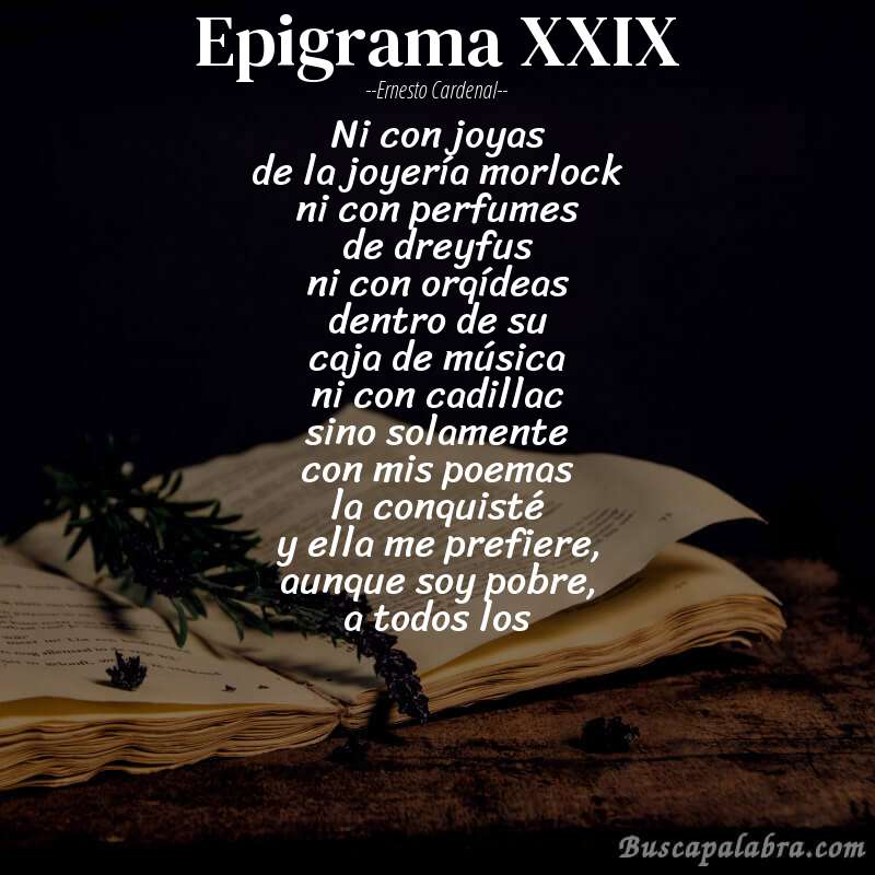 Poema epigrama XXIX de Ernesto Cardenal con fondo de libro