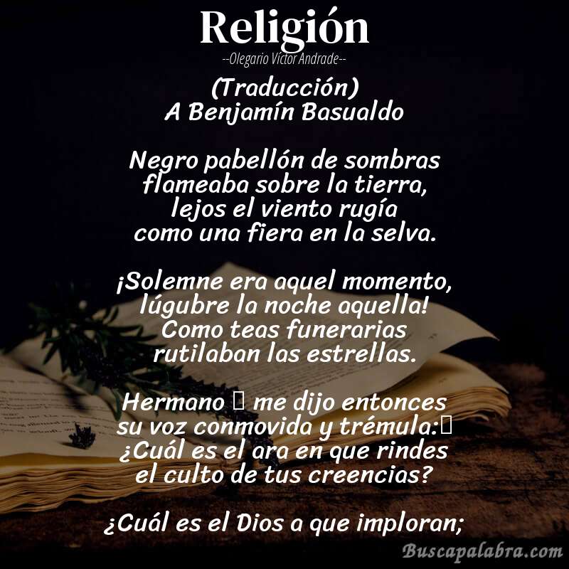 Poema Religión de Olegario Víctor Andrade con fondo de libro