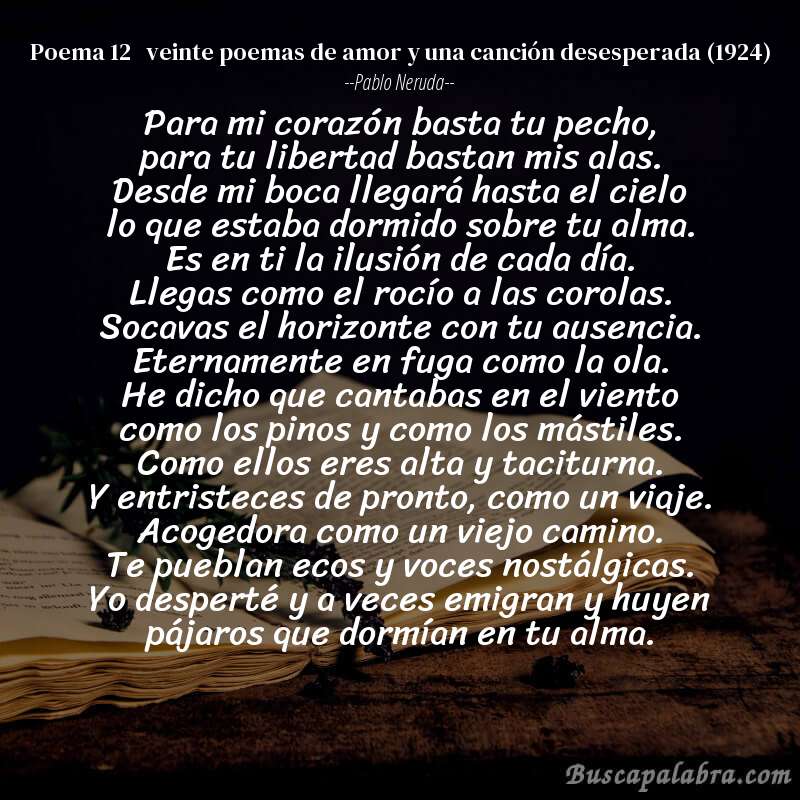 Poema poema 12   veinte poemas de amor y una canción desesperada (1924) de Pablo Neruda con fondo de libro
