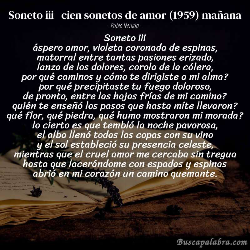 Poema soneto iii   cien sonetos de amor (1959) mañana de Pablo Neruda con fondo de libro