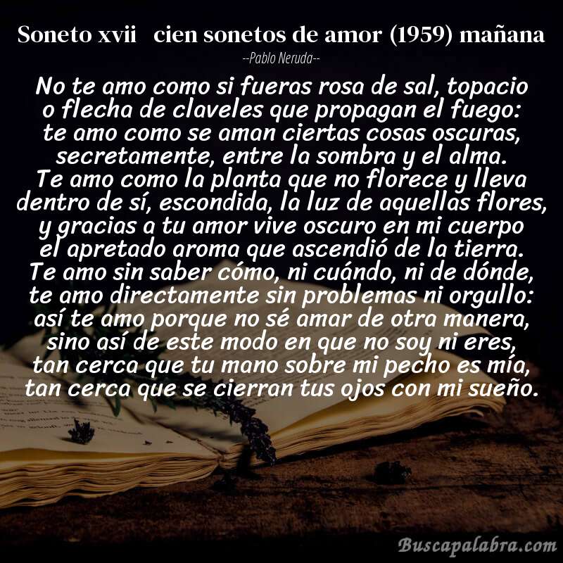 Poema soneto xvii   cien sonetos de amor (1959) mañana de Pablo Neruda con fondo de libro