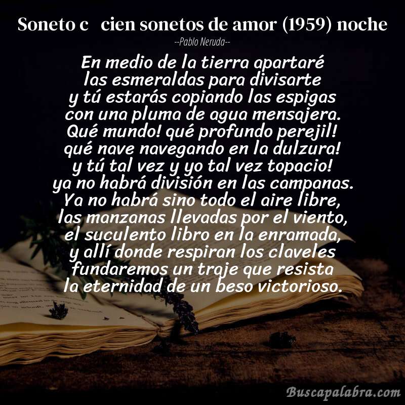 Poema soneto c   cien sonetos de amor (1959) noche de Pablo Neruda con fondo de libro