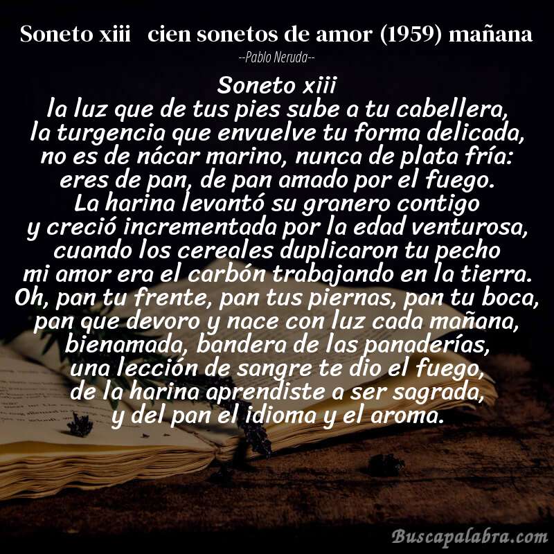 Poema soneto xiii   cien sonetos de amor (1959) mañana de Pablo Neruda con fondo de libro