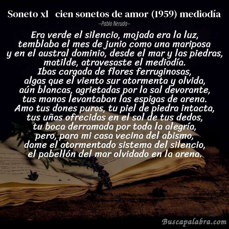 Poema soneto xl   cien sonetos de amor (1959) mediodía de Pablo Neruda con fondo de libro