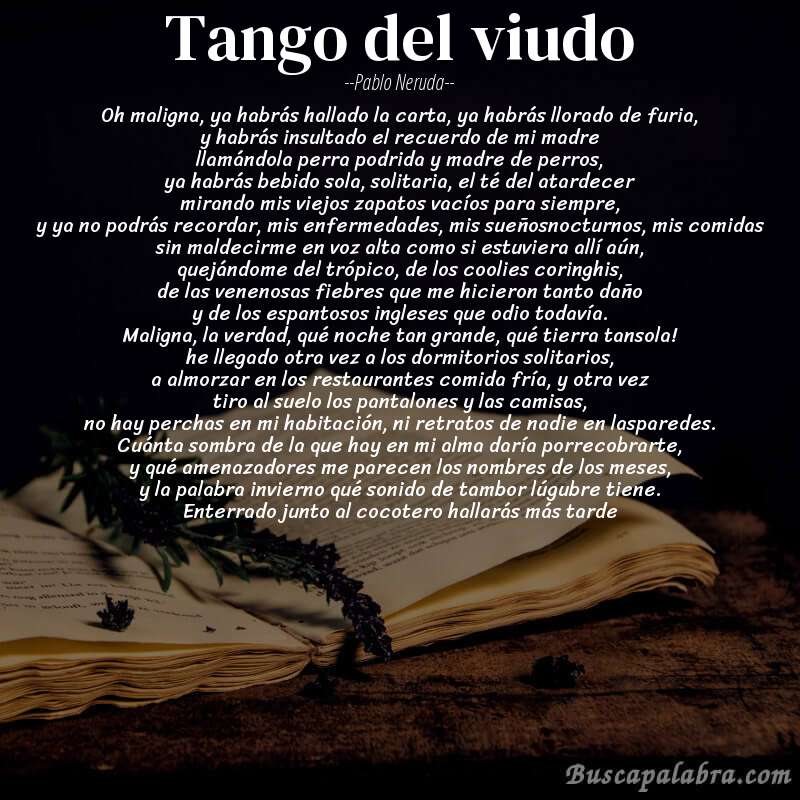 Poema tango del viudo de Pablo Neruda con fondo de libro