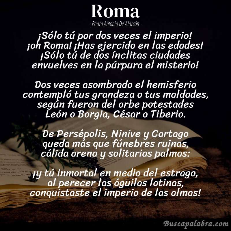 Poema Roma de Pedro Antonio de Alarcón con fondo de libro