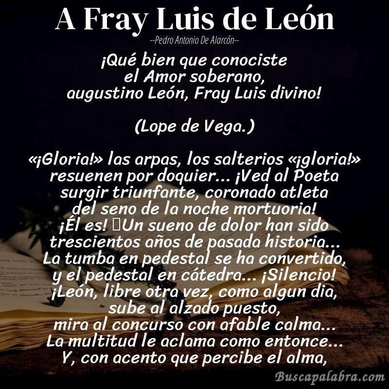 Poema A Fray Luis de León de Pedro Antonio de Alarcón con fondo de libro