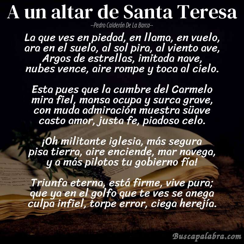 Poema A un altar de Santa Teresa de Pedro Calderón de la Barca con fondo de libro