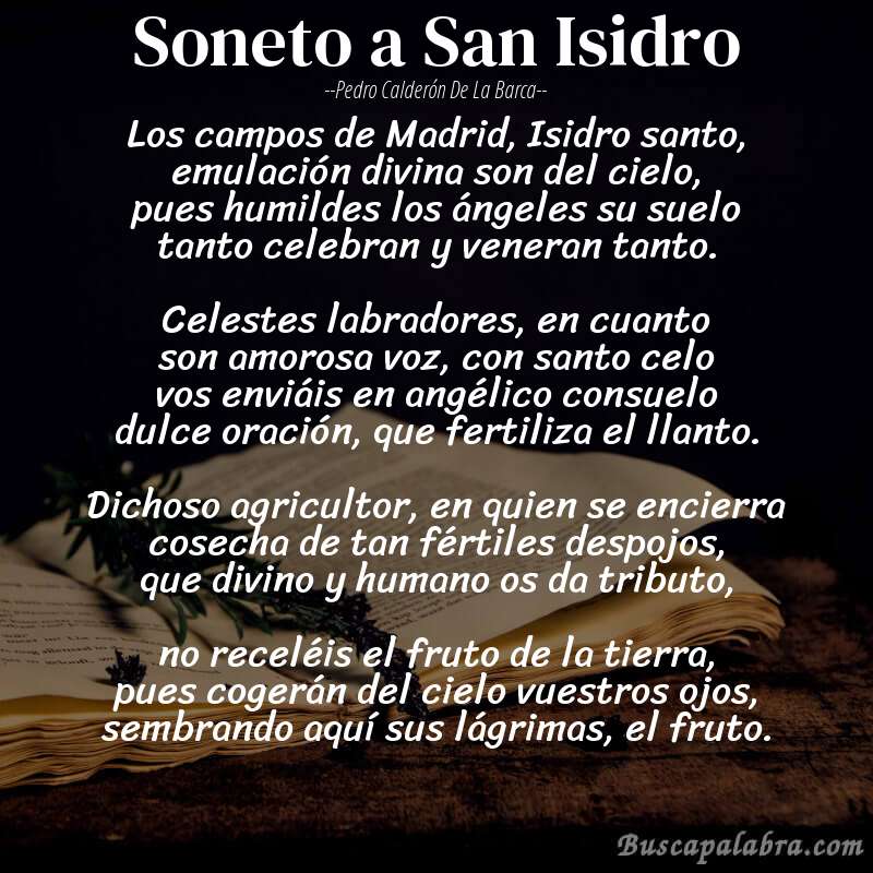 Poema Soneto a San Isidro de Pedro Calderón de la Barca con fondo de libro