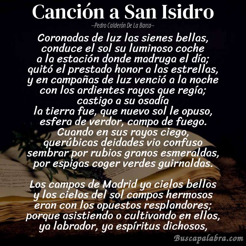 Poema Canción a San Isidro de Pedro Calderón de la Barca con fondo de libro