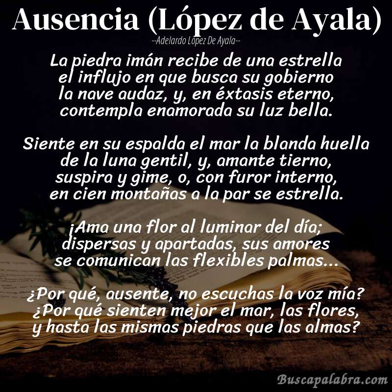 Poema Ausencia (López de Ayala) de Adelardo López de Ayala con fondo de libro
