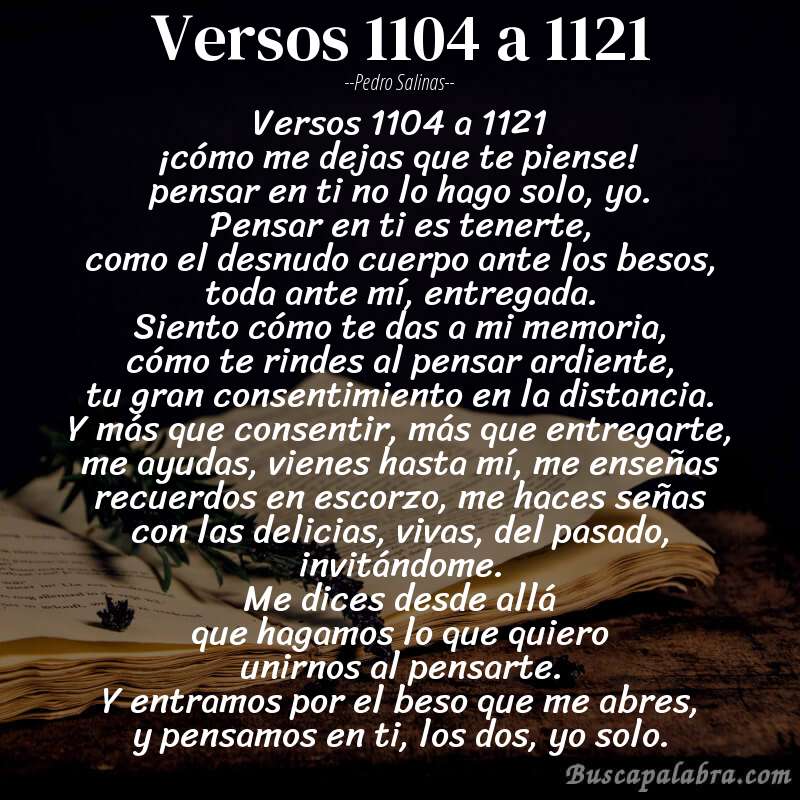 Poema versos 1104 a 1121 de Pedro Salinas con fondo de libro