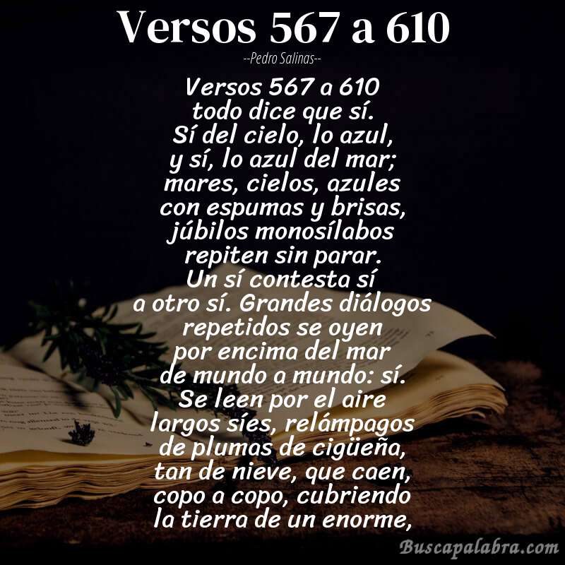 Poema versos 567 a 610 de Pedro Salinas con fondo de libro