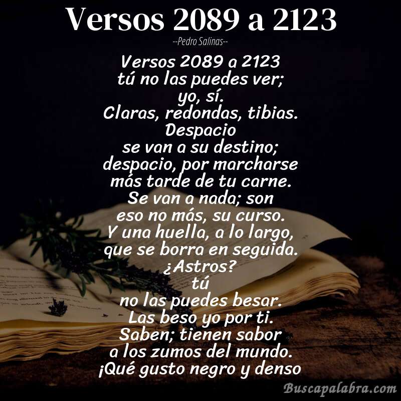 Poema versos 2089 a 2123 de Pedro Salinas con fondo de libro