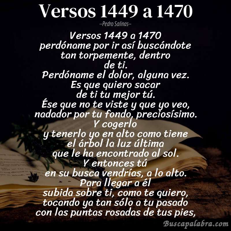 Poema versos 1449 a 1470 de Pedro Salinas con fondo de libro