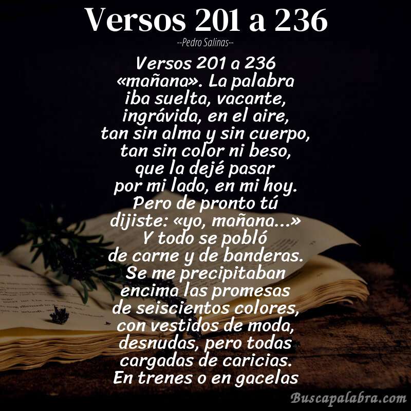 Poema versos 201 a 236 de Pedro Salinas con fondo de libro