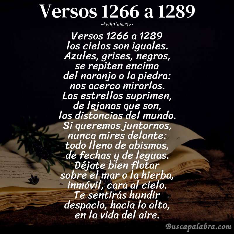 Poema versos 1266 a 1289 de Pedro Salinas con fondo de libro