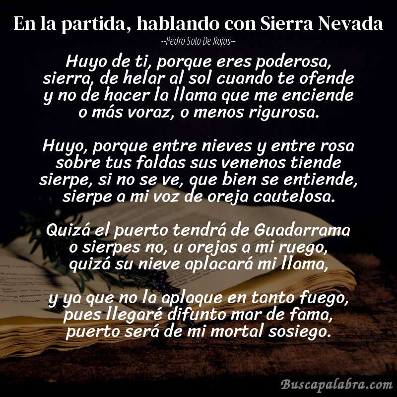 Poema En la partida, hablando con Sierra Nevada de Pedro Soto de Rojas con fondo de libro
