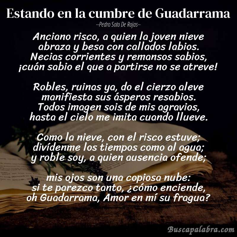 Poema Estando en la cumbre de Guadarrama de Pedro Soto de Rojas con fondo de libro