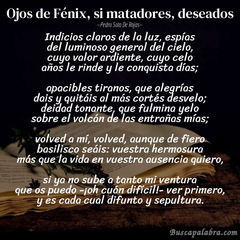 Poema Ojos de Fénix, si matadores, deseados de Pedro Soto de Rojas con fondo de libro