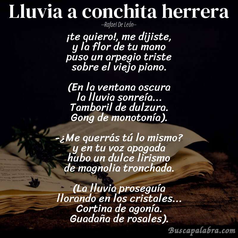 Poema lluvia a conchita herrera de Rafael de León con fondo de libro