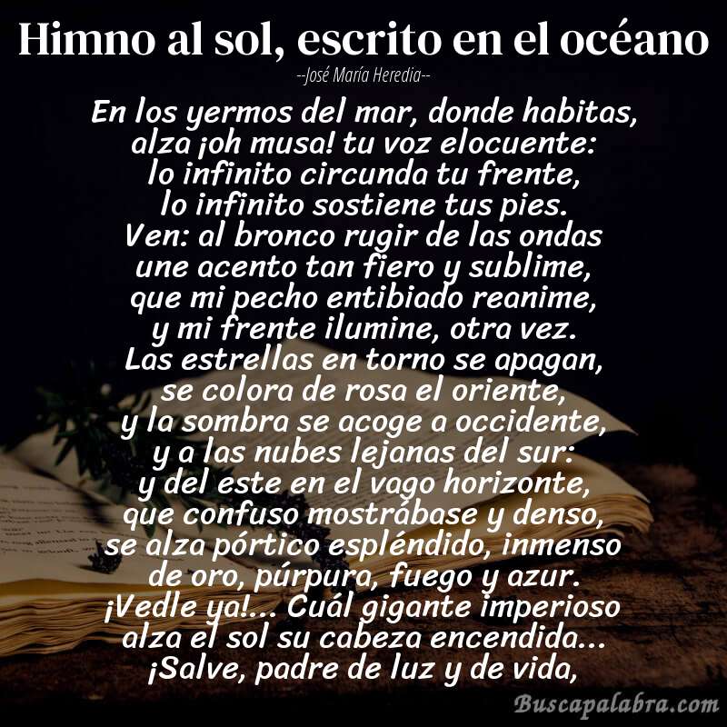 Poema himno al sol, escrito en el océano de José María Heredia con fondo de libro