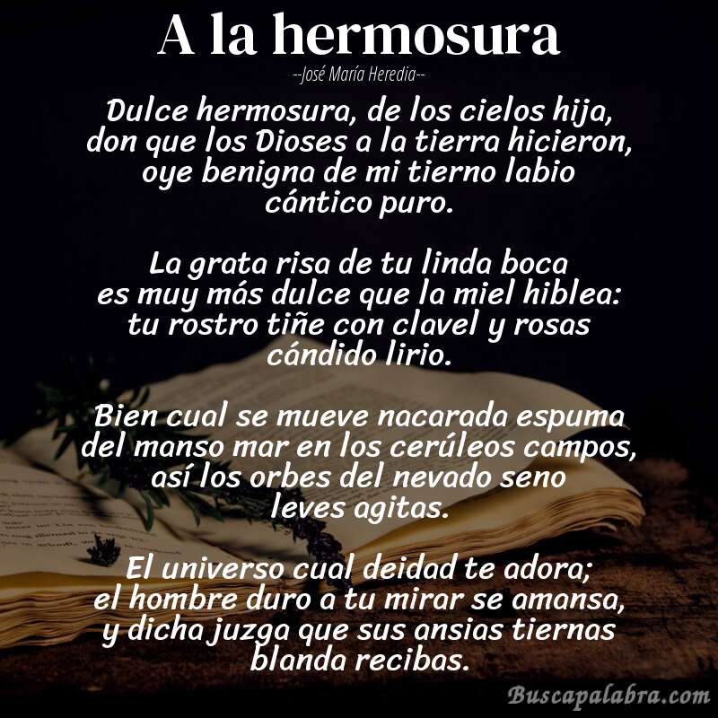 Poema A la hermosura de José María Heredia con fondo de libro