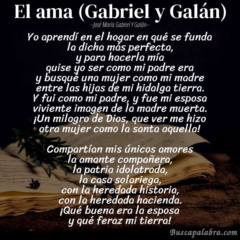 Poema El ama (Gabriel y Galán) de José María Gabriel y Galán con fondo de libro