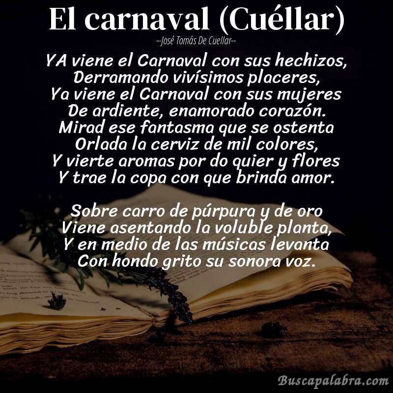 Poema El carnaval (Cuéllar) de José Tomás de Cuellar con fondo de libro