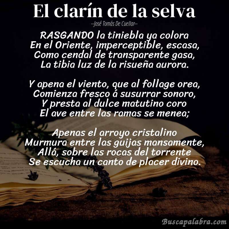 Poema El clarín de la selva de José Tomás de Cuellar con fondo de libro