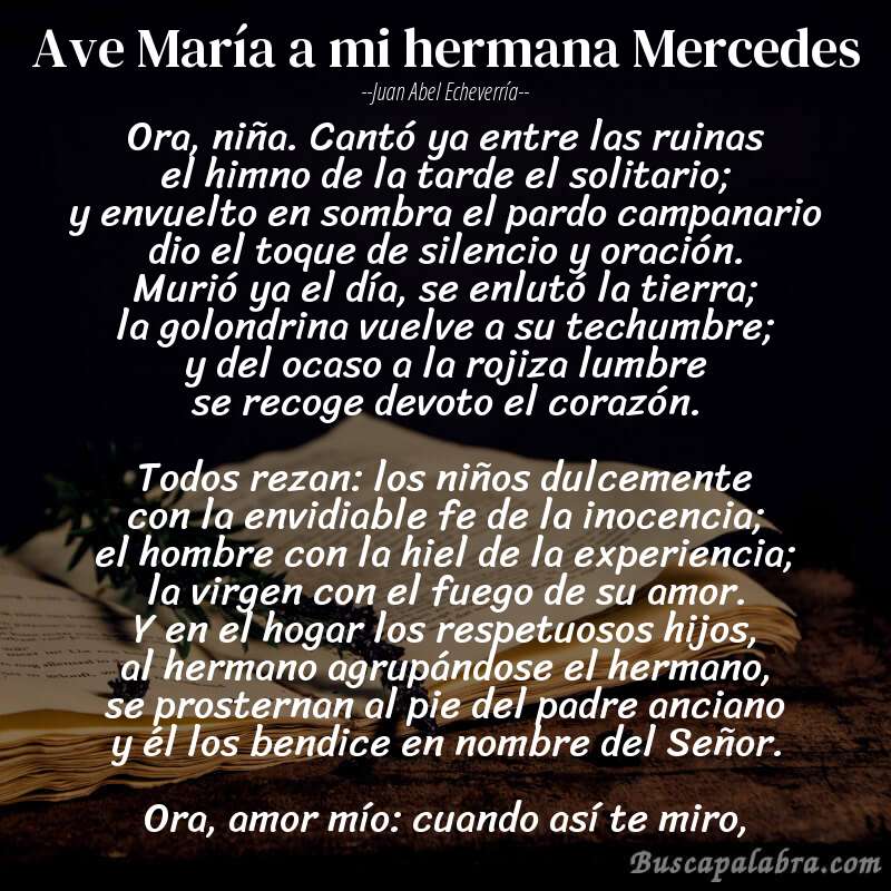 Poema Ave María a mi hermana Mercedes de Juan Abel Echeverría con fondo de libro