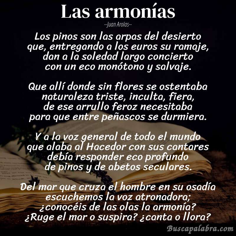 Poema Las armonías de Juan Arolas con fondo de libro