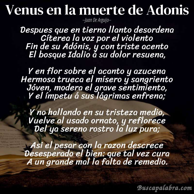 Poema Venus en la muerte de Adonis de Juan de Arguijo con fondo de libro