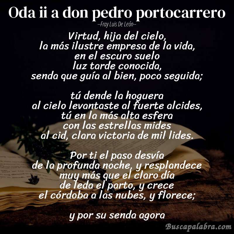 Poema oda ii a don pedro portocarrero de Fray Luis de León con fondo de libro