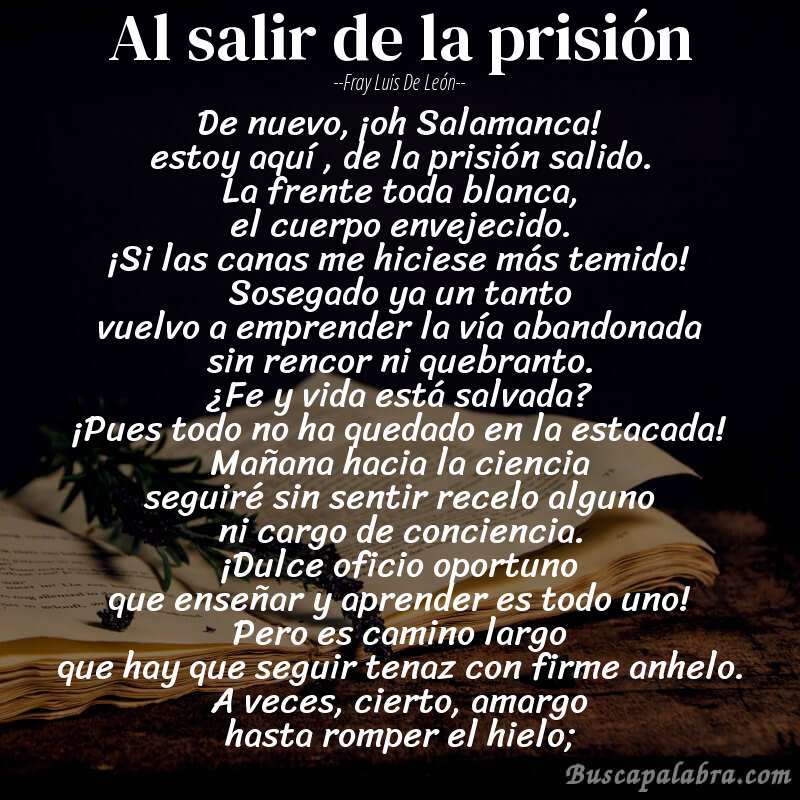 Poema Al salir de la prisión de Fray Luis de León con fondo de libro