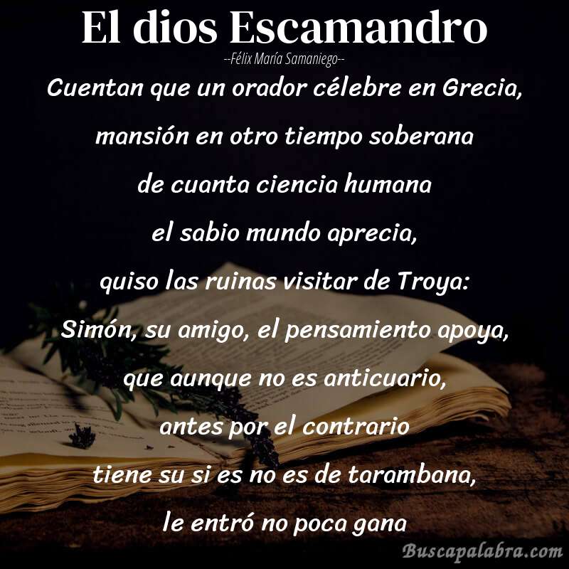 Poema El dios Escamandro de Félix María Samaniego con fondo de libro