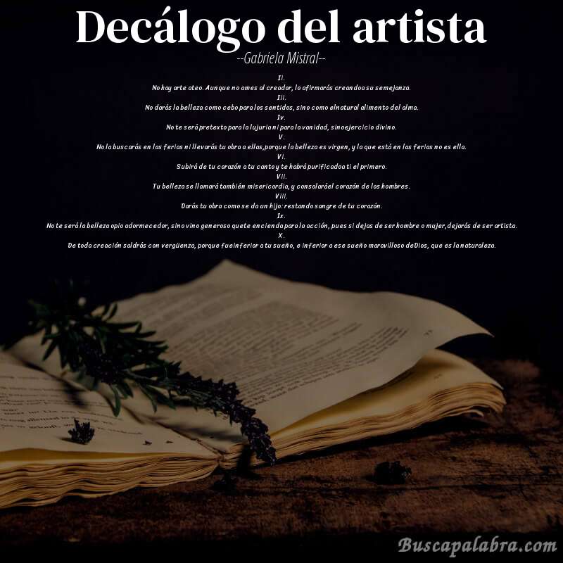 Poema decálogo del artista de Gabriela Mistral con fondo de libro