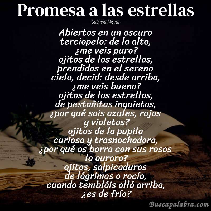 Poema promesa a las estrellas de Gabriela Mistral con fondo de libro