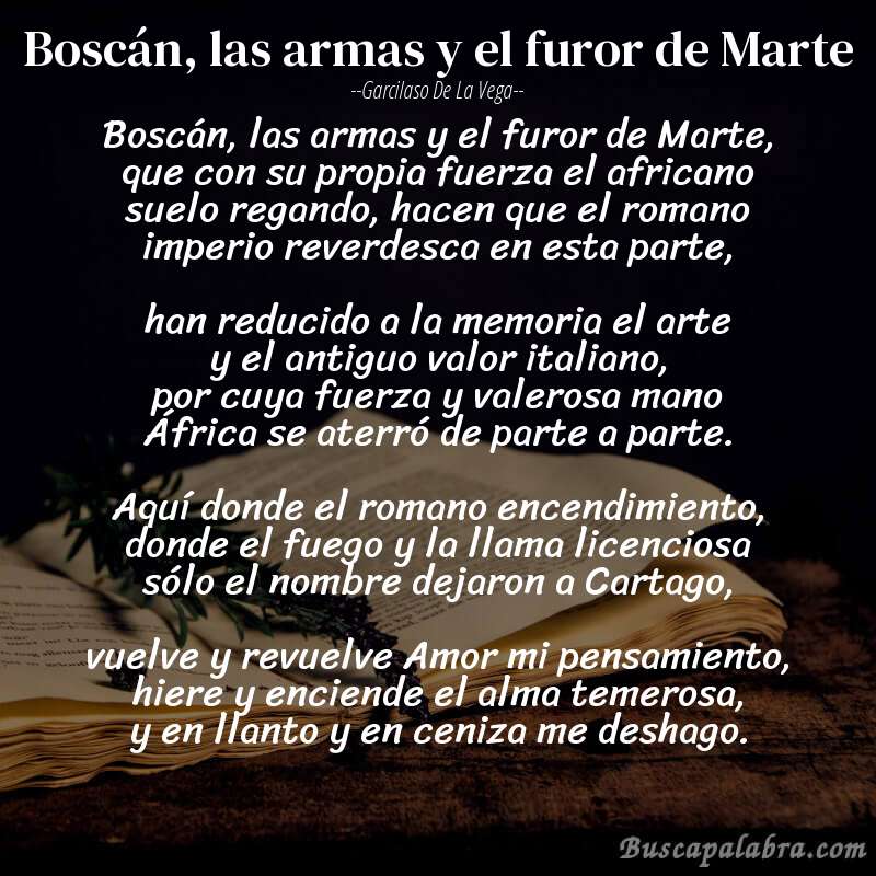 Poema Boscán, las armas y el furor de Marte de Garcilaso de la Vega con fondo de libro