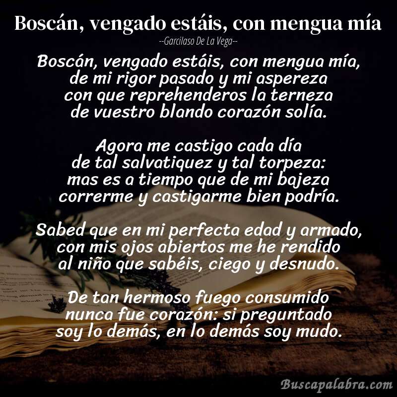Poema Boscán, vengado estáis, con mengua mía de Garcilaso de la Vega con fondo de libro