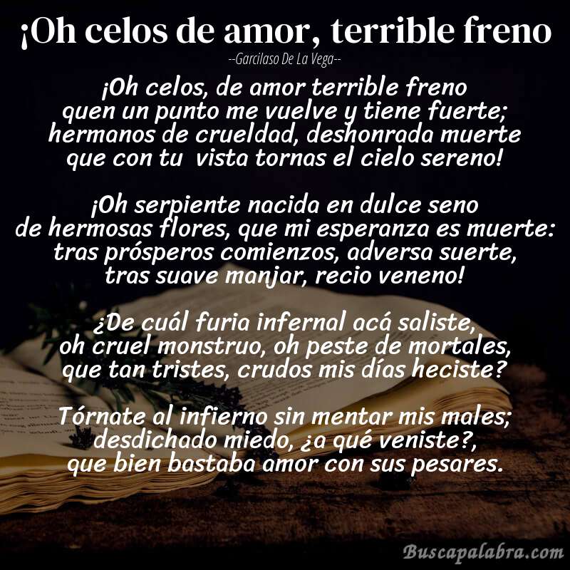 Poema ¡Oh celos de amor, terrible freno de Garcilaso de la Vega con fondo de libro
