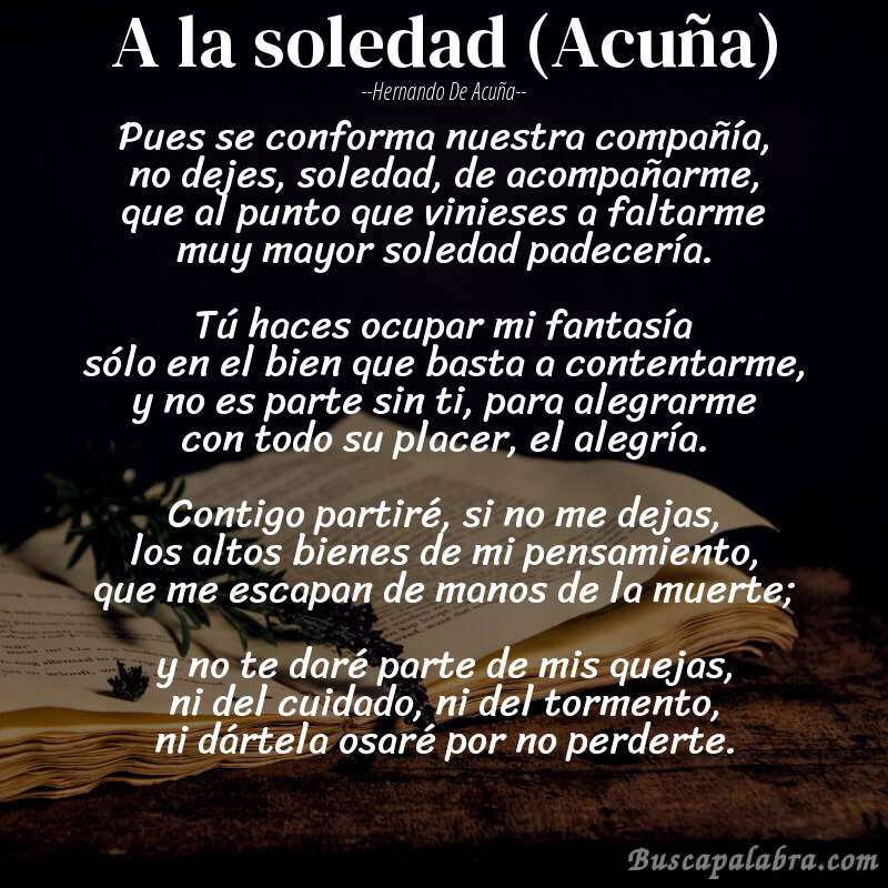 Poema A la soledad (Acuña) de Hernando de Acuña con fondo de libro