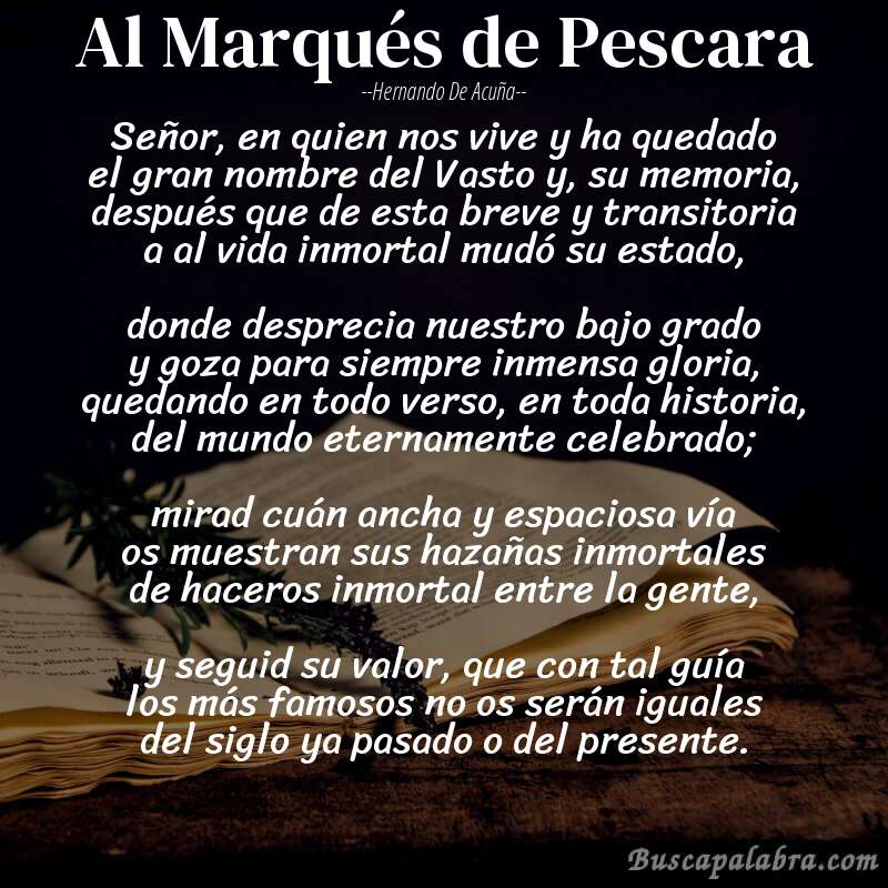 Poema Al Marqués de Pescara de Hernando de Acuña con fondo de libro