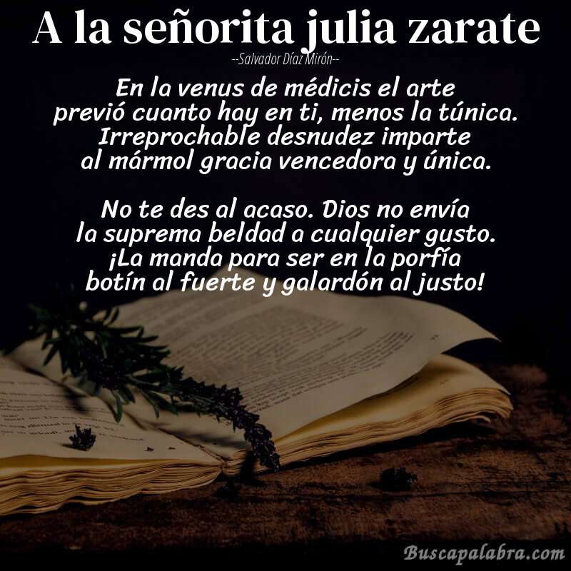 Poema a la señorita julia zarate de Salvador Díaz Mirón con fondo de libro