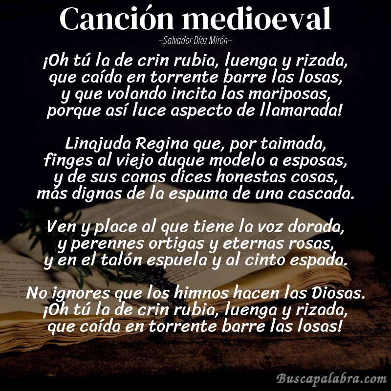 Poema Canción medioeval de Salvador Díaz Mirón con fondo de libro