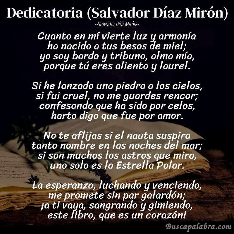 Poema Dedicatoria (Salvador Díaz Mirón) de Salvador Díaz Mirón con fondo de libro