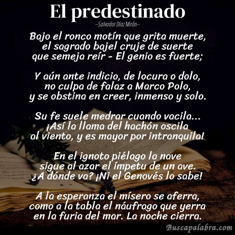 Poema El predestinado de Salvador Díaz Mirón con fondo de libro