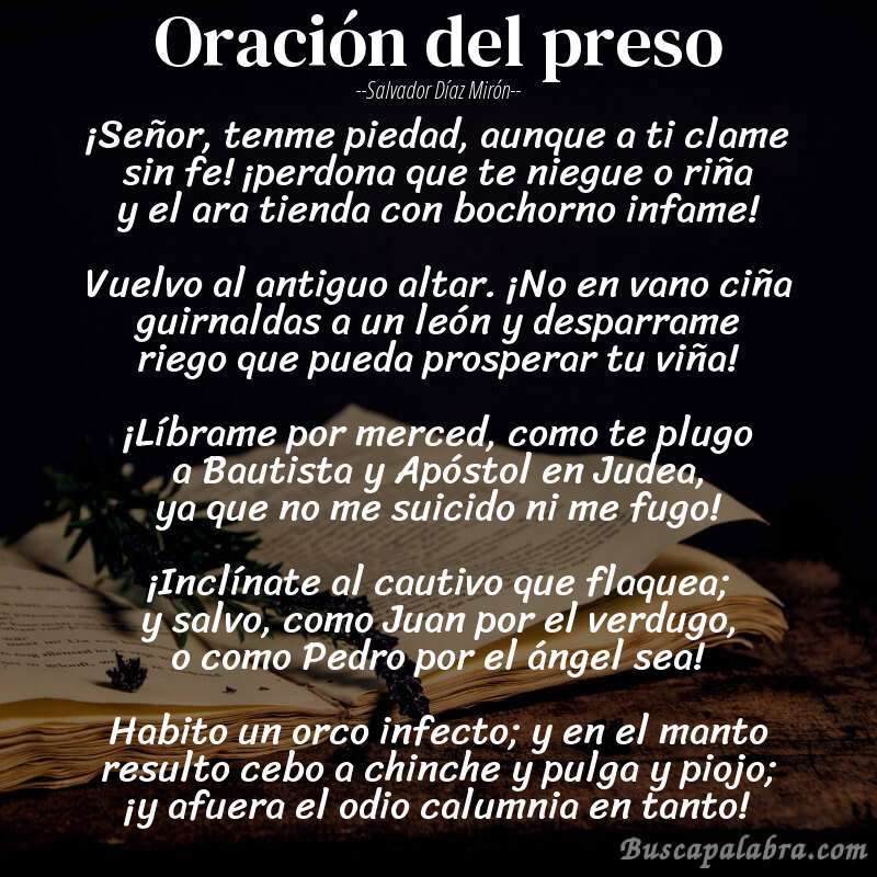 Poema Oración del preso de Salvador Díaz Mirón con fondo de libro