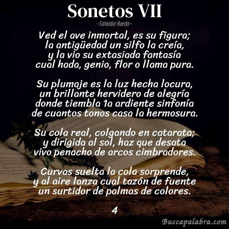 Poema sonetos VII de Salvador Rueda con fondo de libro