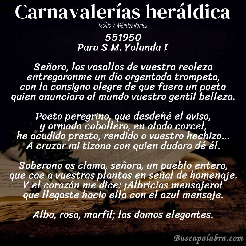 Poema Carnavalerías heráldica de Teófilo V. Méndez Ramos con fondo de libro